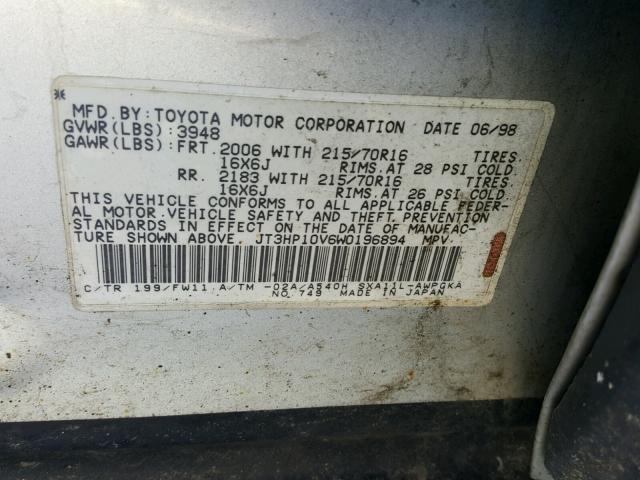 JT3HP10V6W0196894 - 1998 TOYOTA RAV4 SILVER photo 10