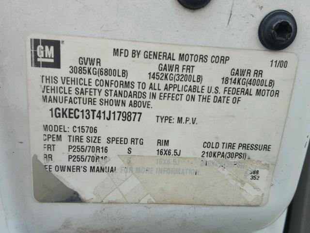 1GKEC13T41J179877 - 2001 GMC YUKON WHITE photo 10