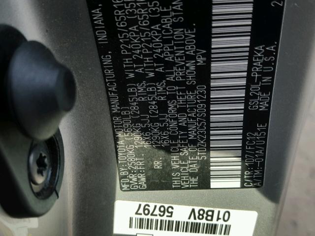 5TDZK23C57S091230 - 2007 TOYOTA SIENNA CE SILVER photo 10