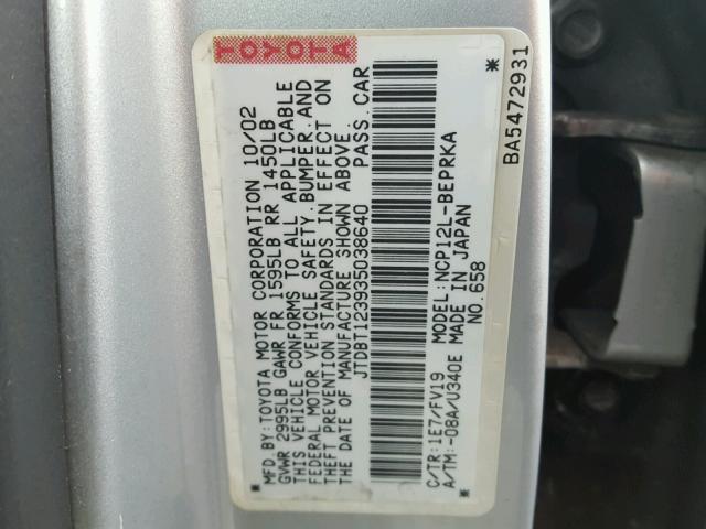 JTDBT123935038640 - 2003 TOYOTA ECHO SILVER photo 10