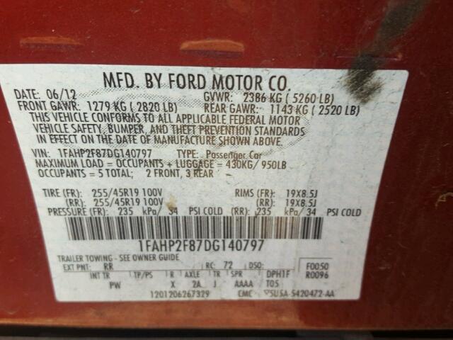 1FAHP2F87DG140797 - 2013 FORD TAURUS LIM RED photo 10