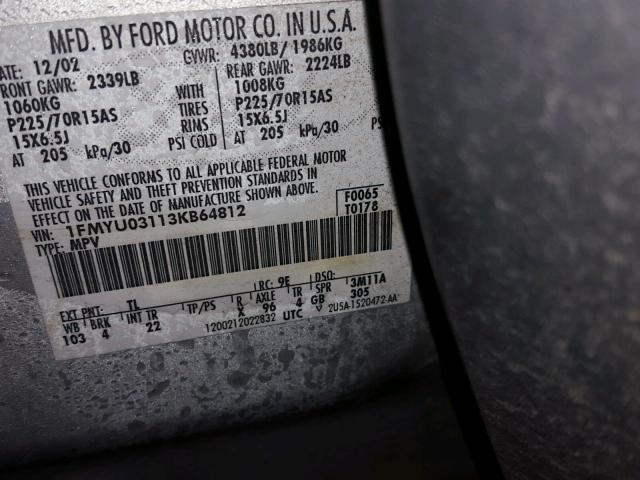 1FMYU03113KB64812 - 2003 FORD ESCAPE XLT GRAY photo 10