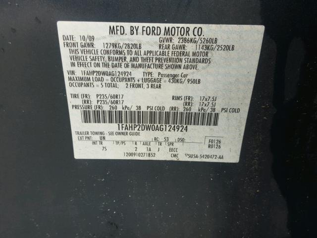 1FAHP2DW0AG124924 - 2010 FORD TAURUS SE BLUE photo 10