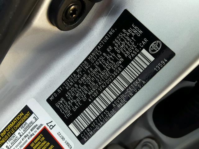 4T1BF1FK7DU236581 - 2013 TOYOTA CAMRY L SILVER photo 10