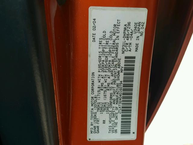 JTLKT324040160794 - 2004 TOYOTA SCION XB 橙色 照片 10