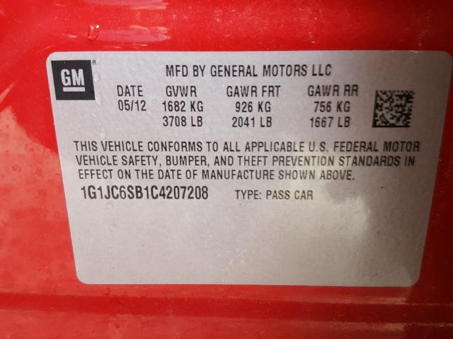 1G1JC6SB1C4207208 - 2012 CHEVROLET SONIC LT RED photo 10