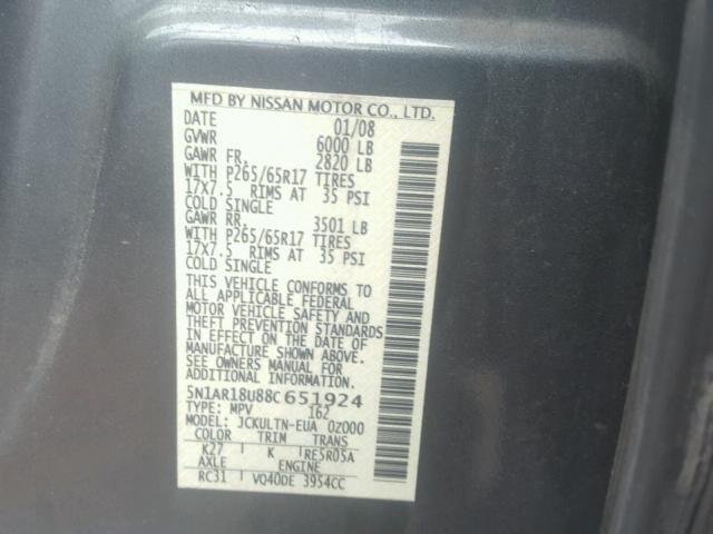 5N1AR18U88C651924 - 2008 NISSAN PATHFINDER CHARCOAL photo 10