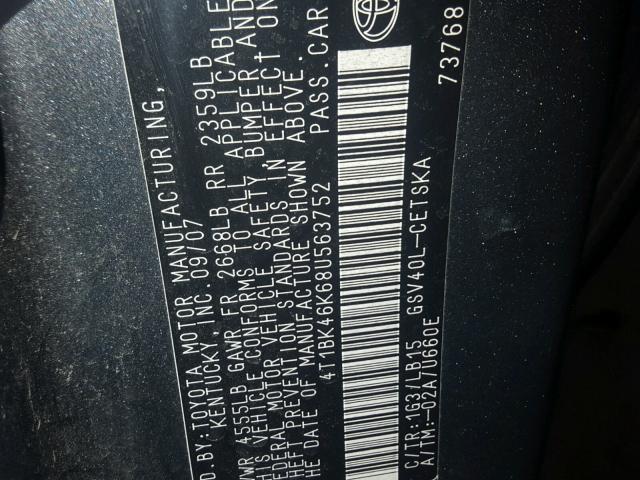 4T1BK46K68U563752 - 2008 TOYOTA CAMRY LE 灰色 照片 10