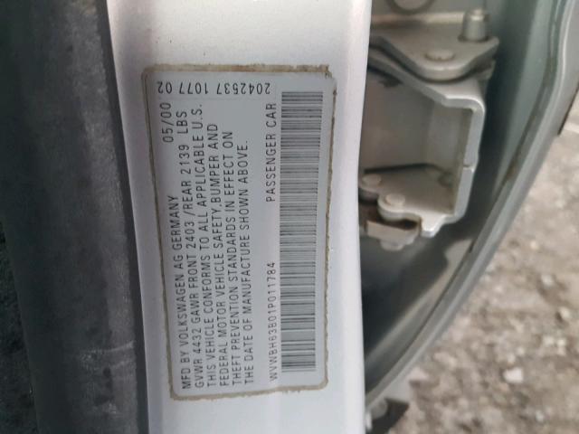 WVWBH63B01P011784 - 2001 VOLKSWAGEN PASSAT GLX SILVER photo 10
