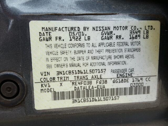 3N1CB51D61L507157 - 2001 NISSAN SENTRA XE GRAY photo 10