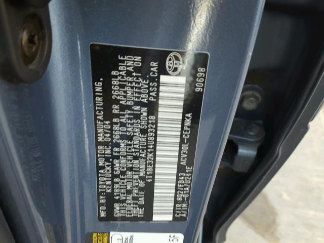 4T1BE32K14U893218 - 2004 TOYOTA CAMRY LE ლურჯი ფოტო 10