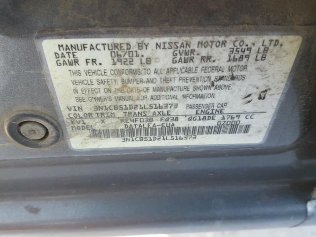 3N1CB51D21L516373 - 2001 NISSAN SENTRA XE GRAY photo 10