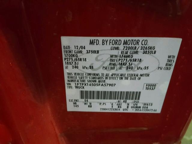 1FTPX14505FA57907 - 2005 FORD F150 RED photo 10