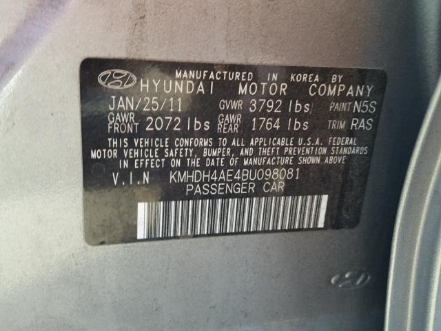 KMHDH4AE4BU098081 - 2011 HYUNDAI ELANTRA GL GRAY photo 10