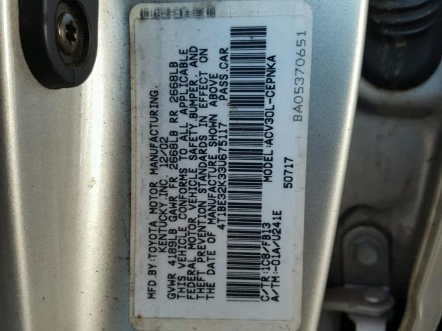 4T1BE32K33U675117 - 2003 TOYOTA CAMRY LE SILVER photo 10