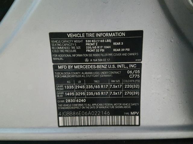 4JGBB86E06A022146 - 2006 MERCEDES-BENZ ML 350 SILVER photo 10