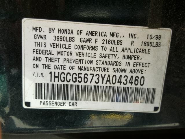 1HGCG5673YA043460 - 2000 HONDA ACCORD SE GREEN photo 10