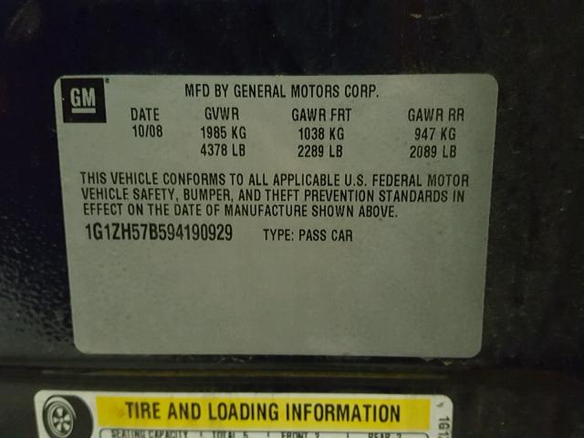 1G1ZH57B594190929 - 2009 CHEVROLET MALIBU 1LT BLUE photo 10