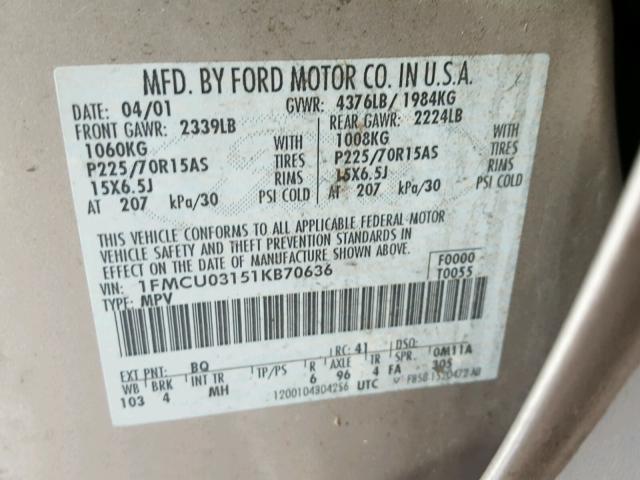 1FMCU03151KB70636 - 2001 FORD ESCAPE XLT BEIGE photo 10