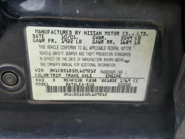 3N1CB51D32L609212 - 2002 NISSAN SENTRA XE BLACK photo 10