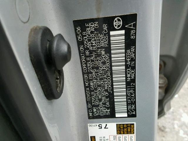 JTDKB20U467080095 - 2006 TOYOTA PRIUS SILVER photo 10