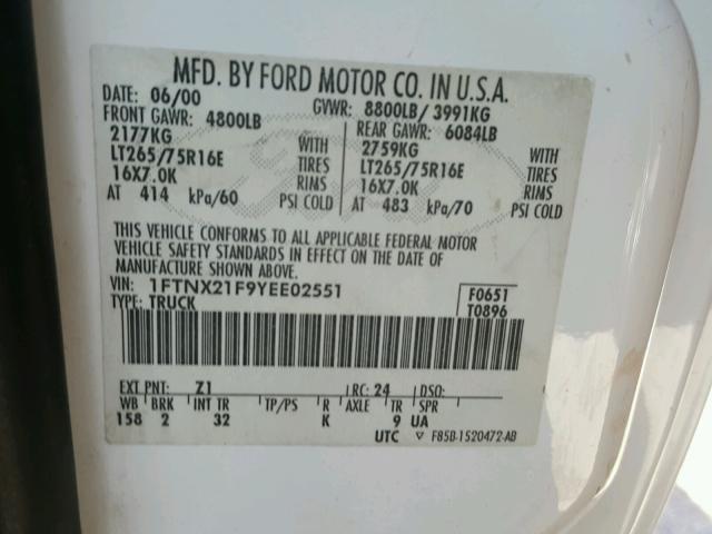 1FTNX21F9YEE02551 - 2000 FORD F250 SUPER WHITE photo 10