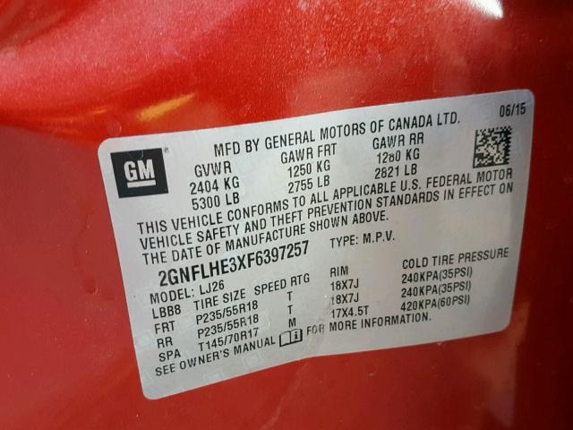 2GNFLHE3XF6397257 - 2015 CHEVROLET EQUINOX LT RED photo 10