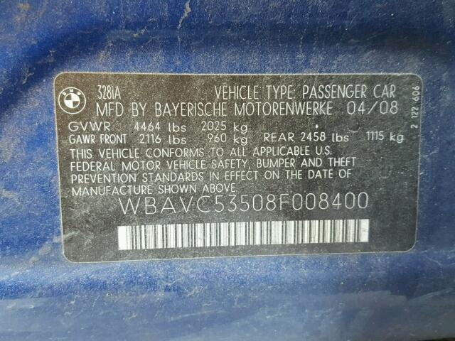 WBAVC53508F008400 - 2008 BMW 328 I SULE BLUE photo 10