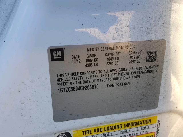 1G1ZC5E04CF363870 - 2012 CHEVROLET MALIBU 1LT WHITE photo 10