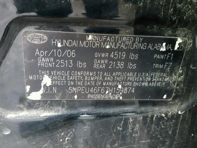 5NPEU46F67H159874 - 2007 HYUNDAI SONATA SE BLACK photo 10