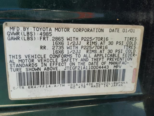 JTEGF21A110004443 - 2001 TOYOTA HIGHLANDER GREEN photo 10