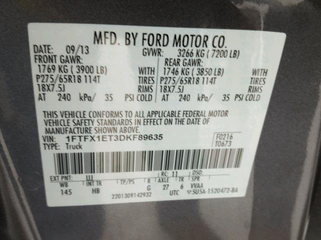 1FTFX1ET3DKF89635 - 2013 FORD F150 SUPER GRAY photo 10