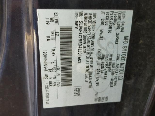 5LMFU28R04LJ31603 - 2004 LINCOLN NAVIGATOR BLUE photo 10