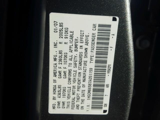 1HGCM66587A051159 - 2007 HONDA ACCORD EX GRAY photo 10