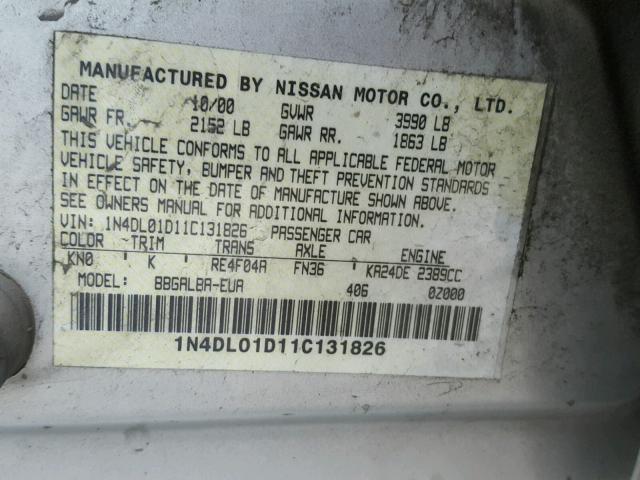 1N4DL01D11C131826 - 2001 NISSAN ALTIMA XE SILVER photo 10