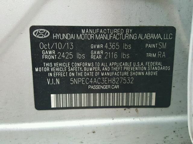 5NPEC4AC3EH827532 - 2014 HYUNDAI SONATA SE SILVER photo 10