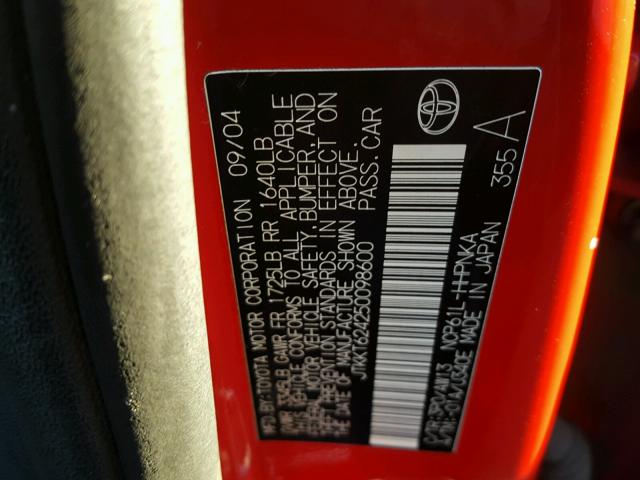 JTKKT624250098600 - 2005 TOYOTA SCION XA წითელი ფოტო 10