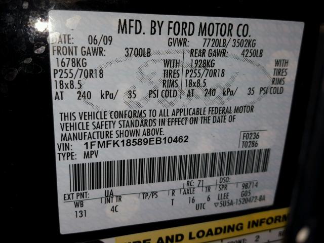 1FMFK18589EB10462 - 2009 FORD EXPEDITION BLACK photo 10