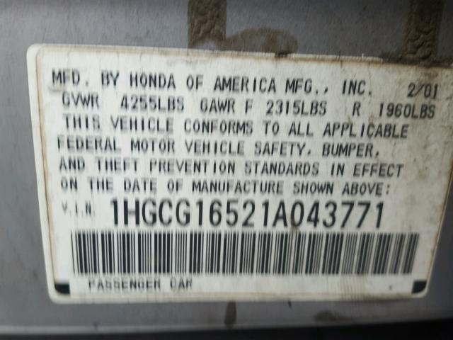 1HGCG16521A043771 - 2001 HONDA ACCORD EX SILVER photo 10