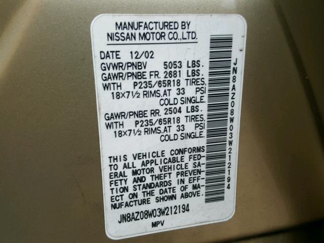 JN8AZ08W03W212194 - 2003 NISSAN MURANO SL GOLD photo 10