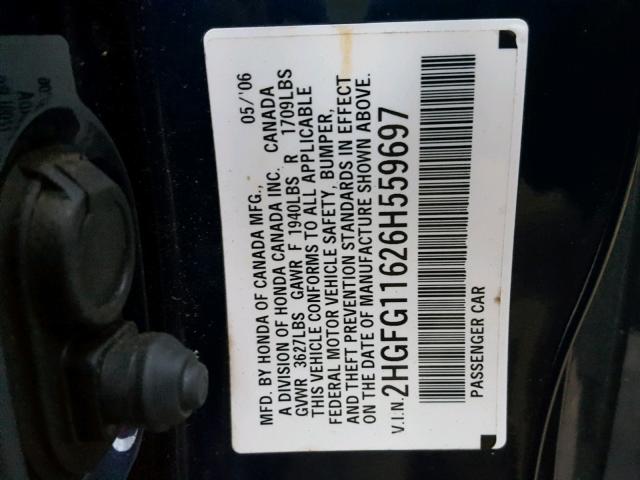 2HGFG11626H559697 - 2006 HONDA CIVIC LX BLUE photo 10