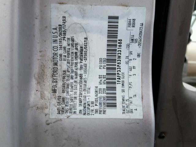 1FAFP33P83W331688 - 2003 FORD FOCUS LX SILVER photo 10