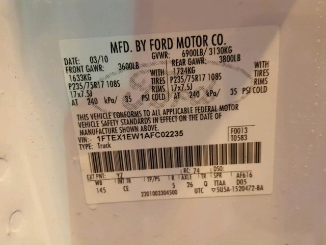 1FTEX1EW1AFC02235 - 2010 FORD F150 SUPER WHITE photo 10