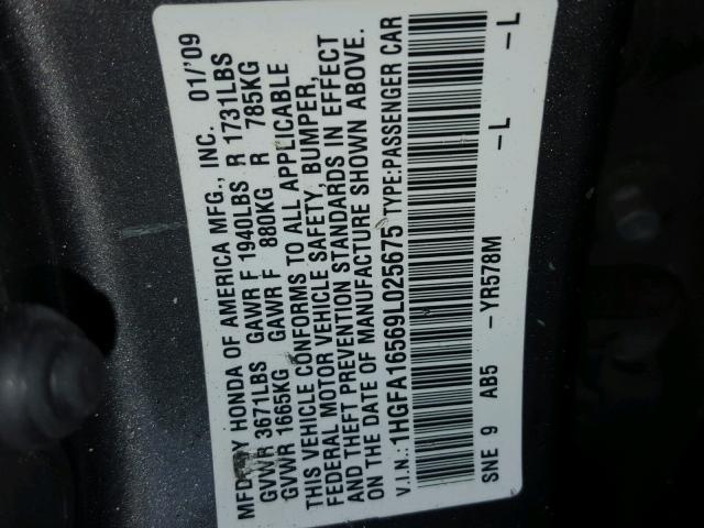 1HGFA16569L025675 - 2009 HONDA CIVIC LX GRAY photo 10