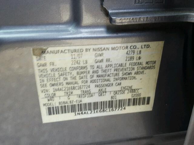 1N4AL21E68C167724 - 2008 NISSAN ALTIMA 2.5 GRAY photo 10