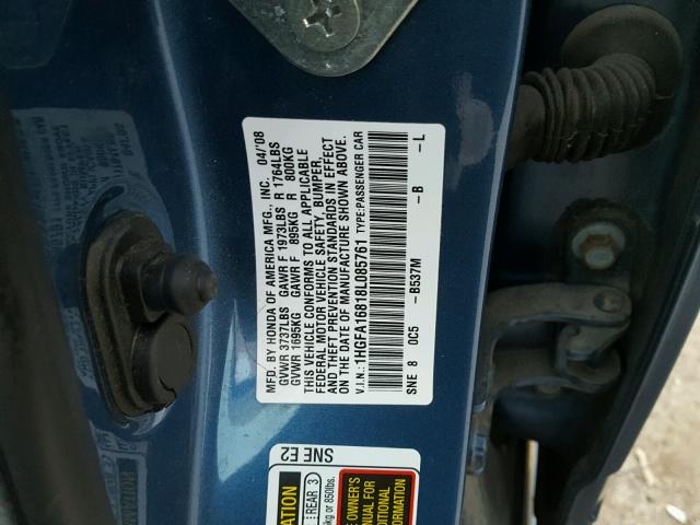 1HGFA16818L085761 - 2008 HONDA CIVIC EX BLUE photo 10