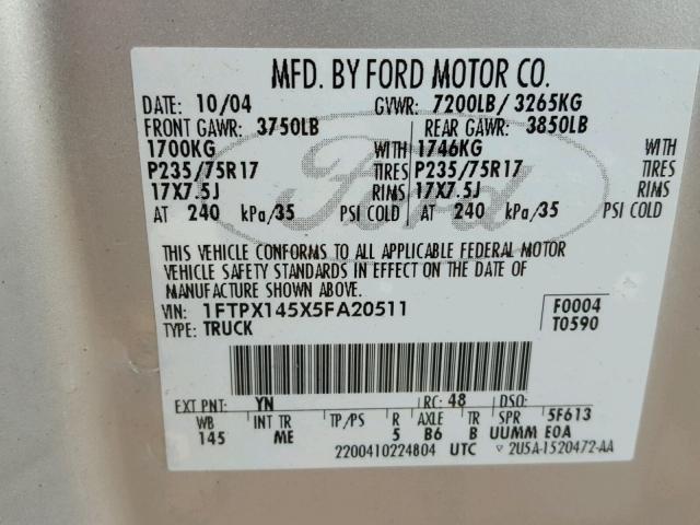 1FTPX145X5FA20511 - 2005 FORD F150 SILVER photo 10