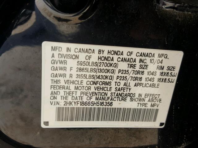 2HKYF18665H516356 - 2005 HONDA PILOT EXL BLACK photo 10