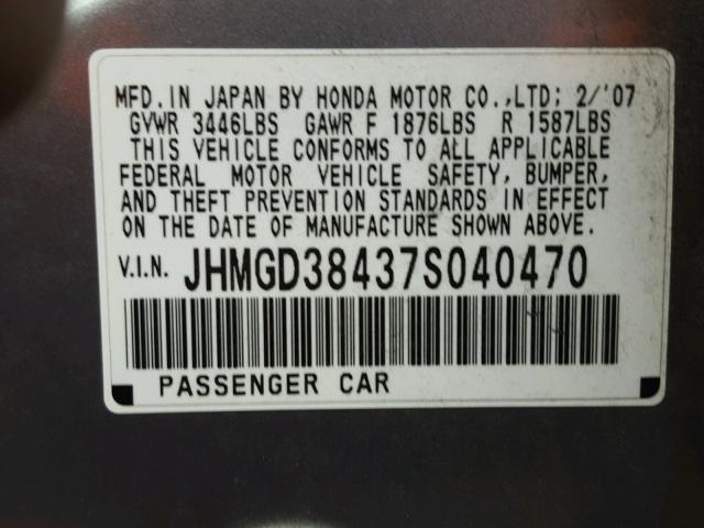 JHMGD38437S040470 - 2007 HONDA FIT SILVER photo 10