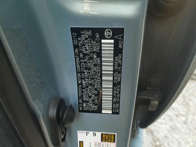 JTDKN3DP4C3001688 - 2012 TOYOTA PRIUS PLUG BLUE photo 10